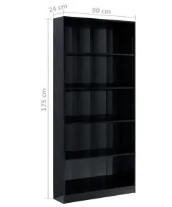 vidaXL 5-Tier Book Cabinet High Gloss Black 80x24x175 cm Chipboard