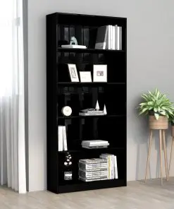 vidaXL 5-Tier Book Cabinet High Gloss Black 80x24x175 cm Chipboard