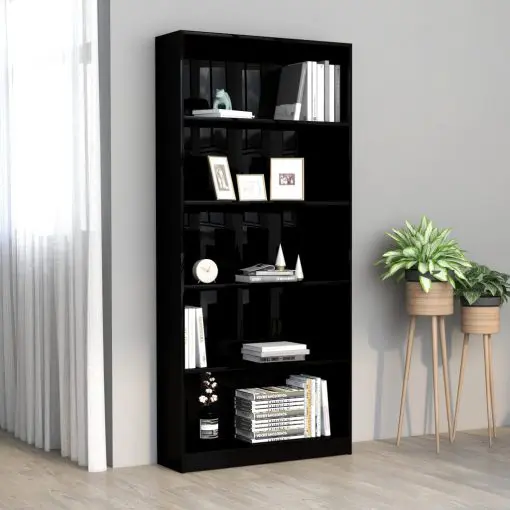 vidaXL 5-Tier Book Cabinet High Gloss Black 80x24x175 cm Chipboard