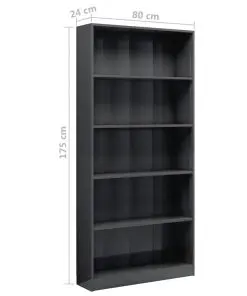 vidaXL 5-Tier Book Cabinet High Gloss Grey 80x24x175 cm Chipboard