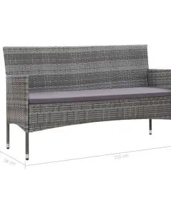 vidaXL 3-Seater Garden Sofa with Cushions Grey Poly Rattan