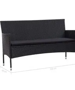 vidaXL 3-Seater Garden Sofa with Cushions Black Poly Rattan