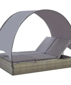 vidaXL Double Sun Lounger with Canopy Poly Rattan Grey