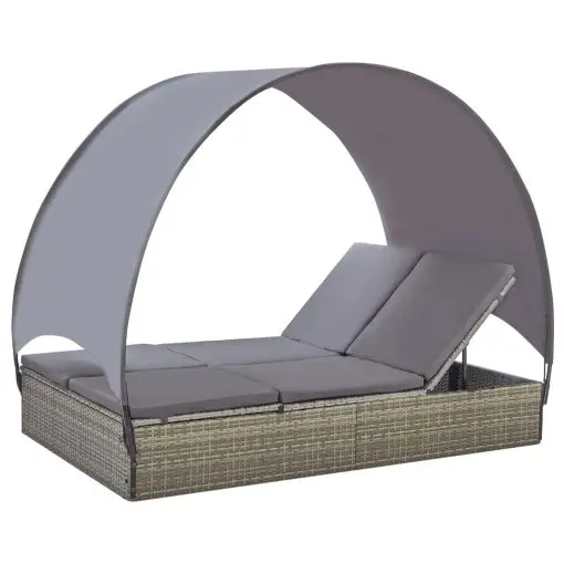 vidaXL Double Sun Lounger with Canopy Poly Rattan Grey