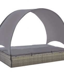 vidaXL Double Sun Lounger with Canopy Poly Rattan Grey
