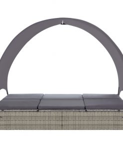 vidaXL Double Sun Lounger with Canopy Poly Rattan Grey