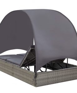 vidaXL Double Sun Lounger with Canopy Poly Rattan Grey
