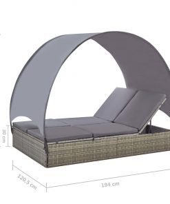 vidaXL Double Sun Lounger with Canopy Poly Rattan Grey