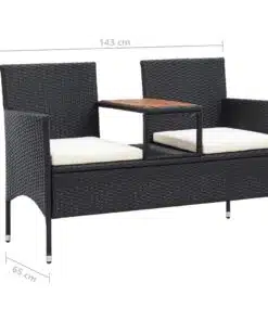 vidaXL 2-Seater Garden Bench with Tea Table 143 cm Poly Rattan Black