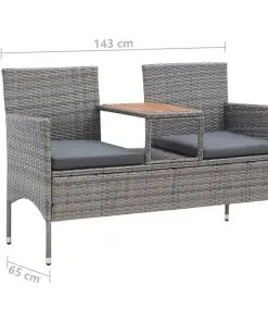 vidaXL 2-Seater Garden Bench with Tea Table 143 cm Poly Rattan Grey