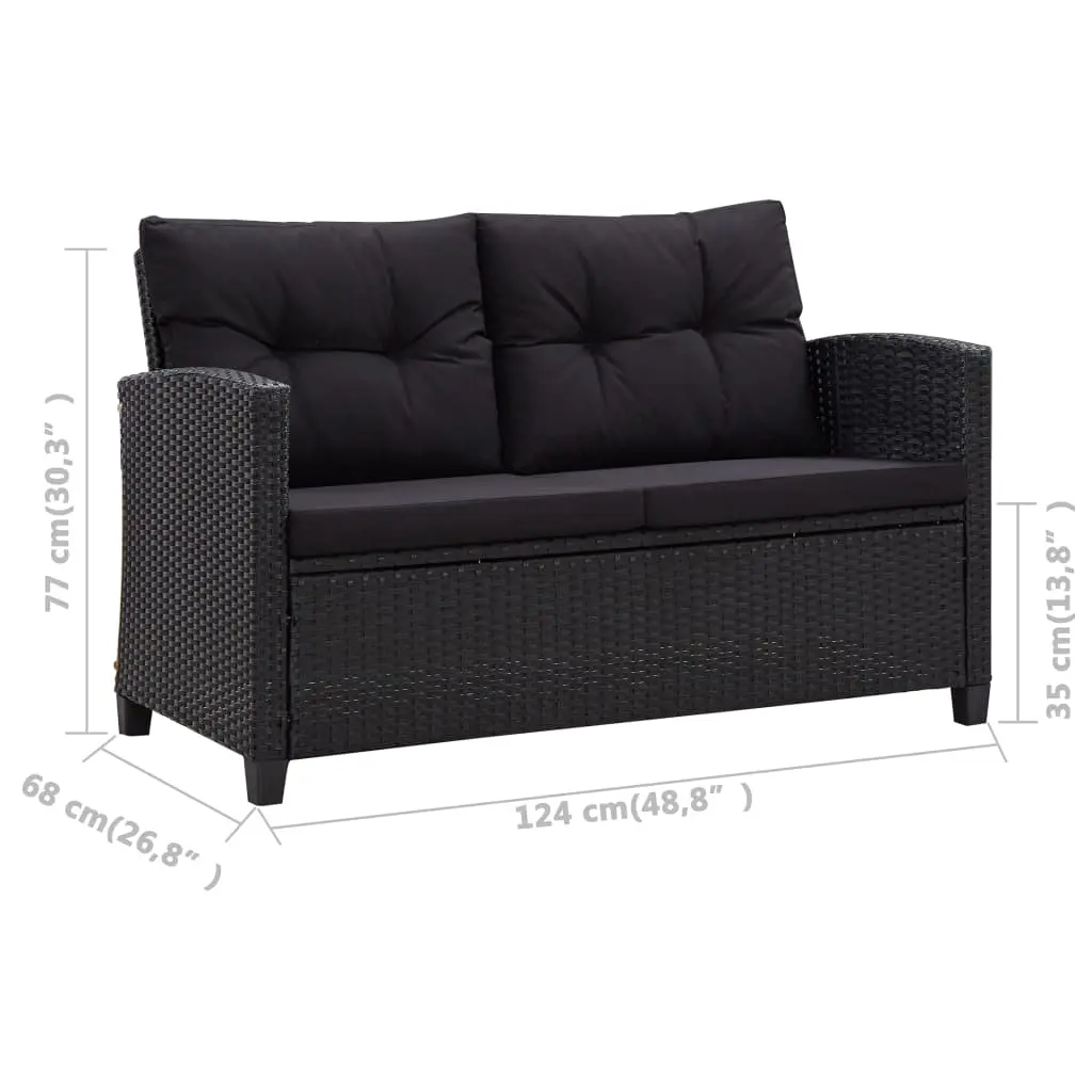 vidaXL 2-Seater Garden Sofa with Cushions Black 124 cm Poly Rattan
