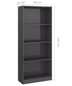 vidaXL 4-Tier Book Cabinet High Gloss Grey 60x24x142 cm Chipboard