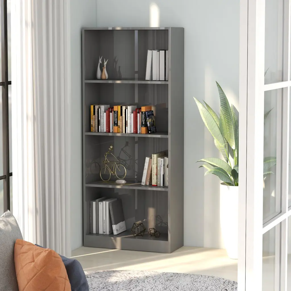 vidaXL 4-Tier Book Cabinet High Gloss Grey 60x24x142 cm Chipboard