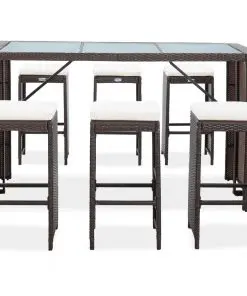 vidaXL 7 Piece Garden Bar Set with Cushions Poly Rattan Brown