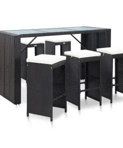 vidaXL 7 Piece Garden Bar Set with Cushions Poly Rattan Black