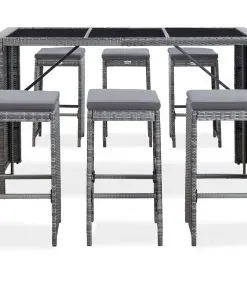 vidaXL 7 Piece Garden Bar Set with Cushions Poly Rattan Grey
