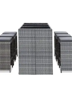 vidaXL 7 Piece Garden Bar Set with Cushions Poly Rattan Grey