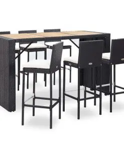 vidaXL 7 Piece Outdoor Bar Set with Cushions Poly Rattan Black