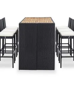 vidaXL 7 Piece Outdoor Bar Set with Cushions Poly Rattan Black