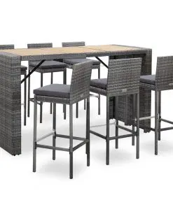 vidaXL 7 Piece Outdoor Bar Set with Cushions Poly Rattan Grey