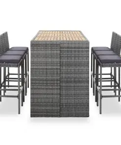 vidaXL 7 Piece Outdoor Bar Set with Cushions Poly Rattan Grey