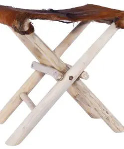 vidaXL Folding Stool Real Leather and Solid Teak Wood