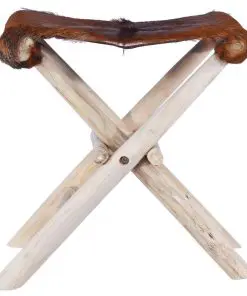vidaXL Folding Stool Real Leather and Solid Teak Wood