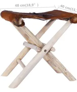 vidaXL Folding Stool Real Leather and Solid Teak Wood
