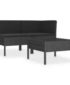 vidaXL 3 Piece Garden Lounge Set with Cushions Poly Rattan Black