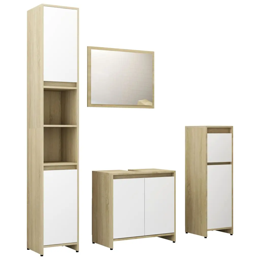 vidaXL 4 Piece Bathroom Furniture Set White and Sonoma Oak Chipboard