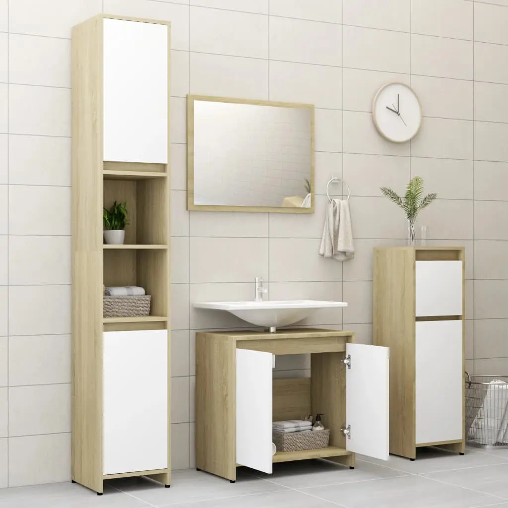 vidaXL 4 Piece Bathroom Furniture Set White and Sonoma Oak Chipboard