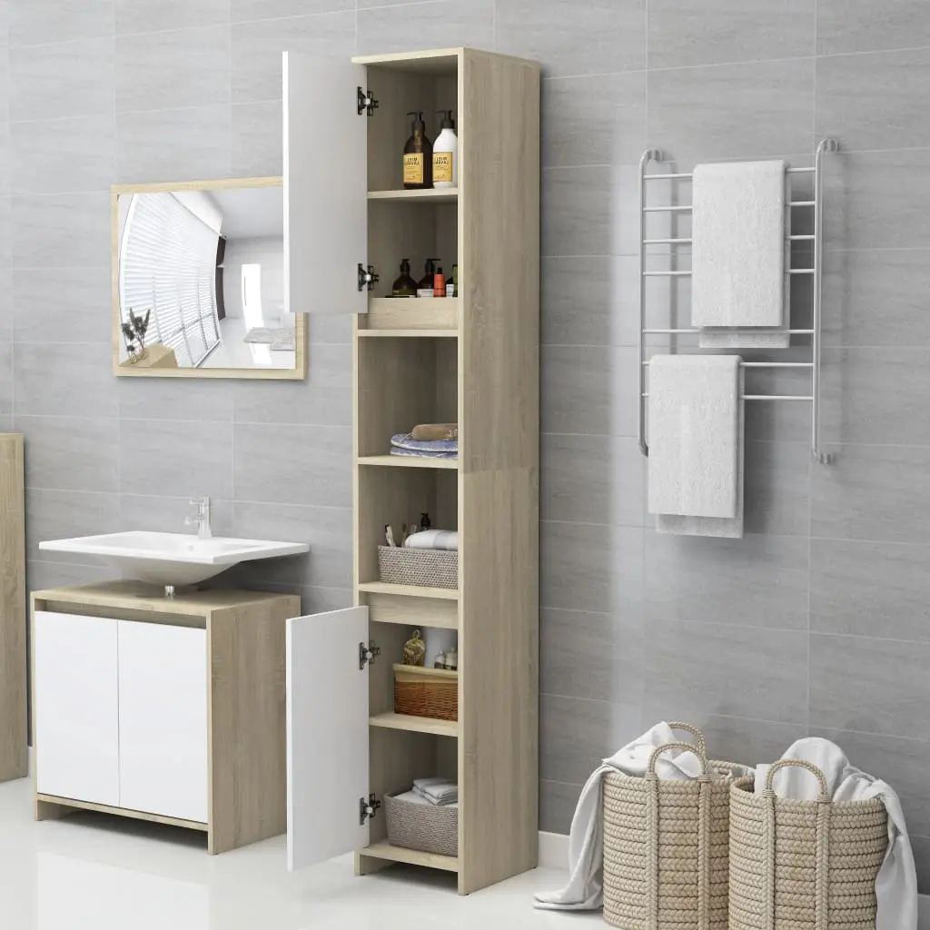 vidaXL 4 Piece Bathroom Furniture Set White and Sonoma Oak Chipboard