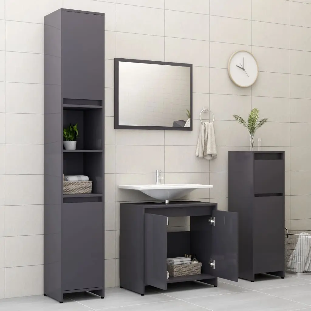 vidaXL 4 Piece Bathroom Furniture Set High Gloss Grey Chipboard