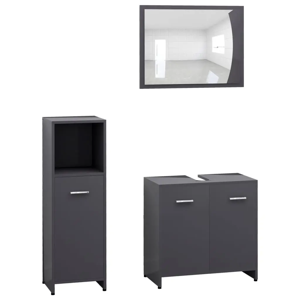vidaXL 3 Piece Bathroom Furniture Set High Gloss Grey Chipboard