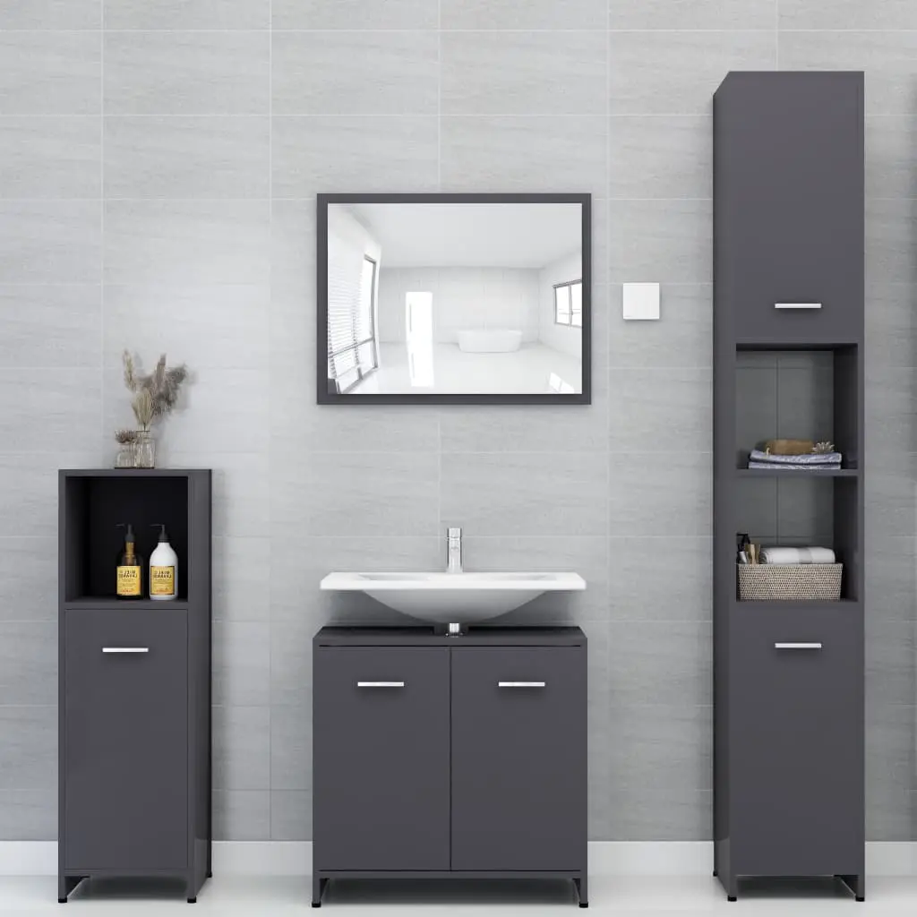 vidaXL 3 Piece Bathroom Furniture Set High Gloss Grey Chipboard