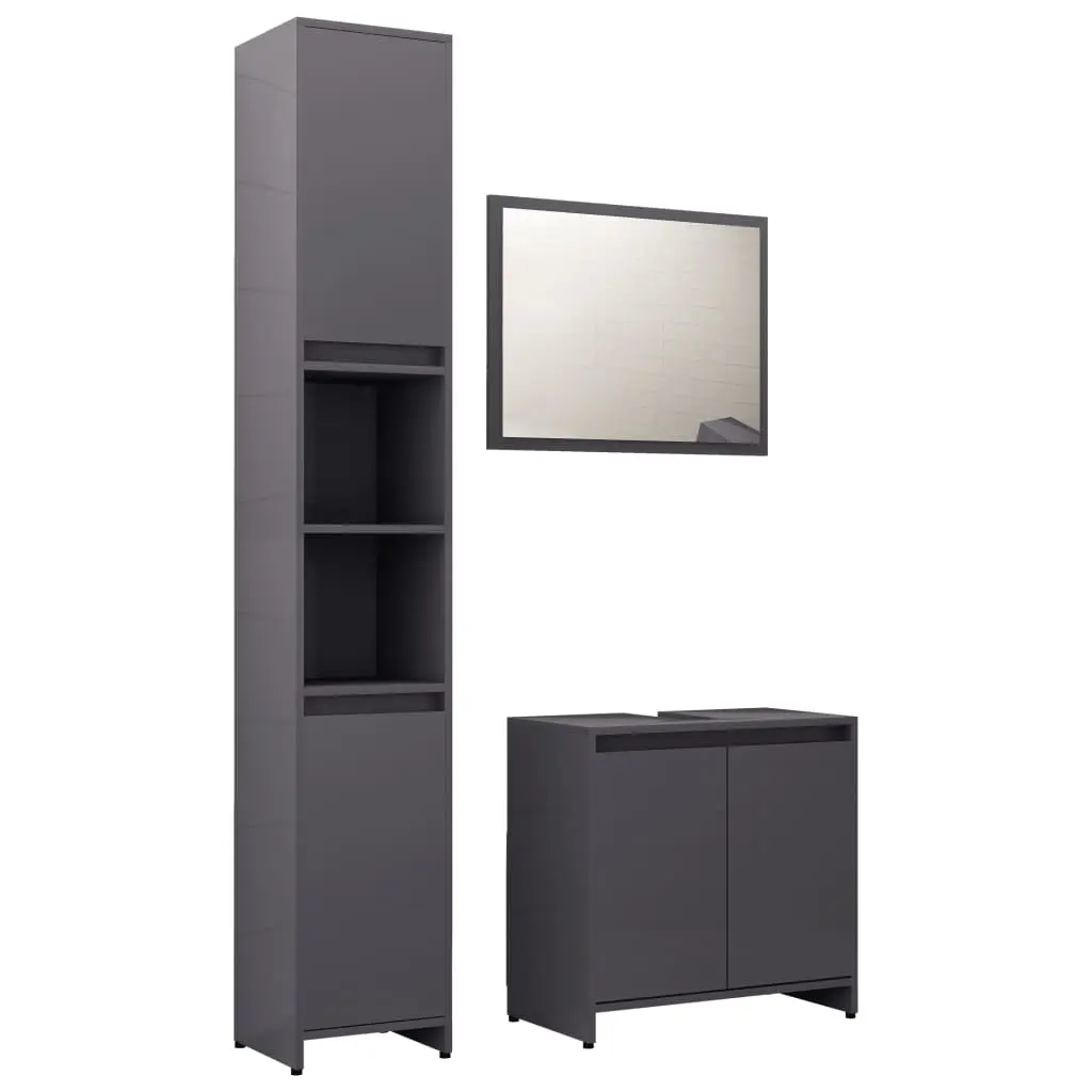 vidaXL 3 Piece Bathroom Furniture Set High Gloss Grey Chipboard