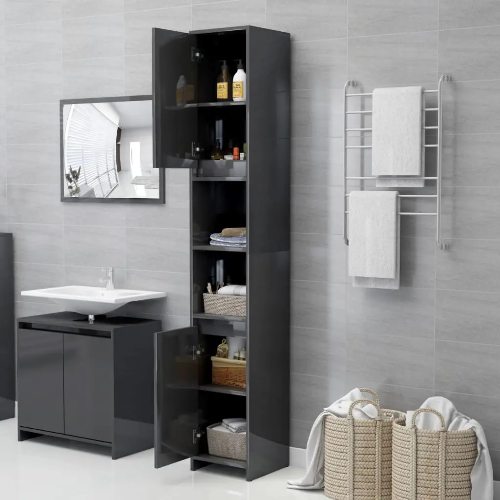 vidaXL 3 Piece Bathroom Furniture Set High Gloss Grey Chipboard