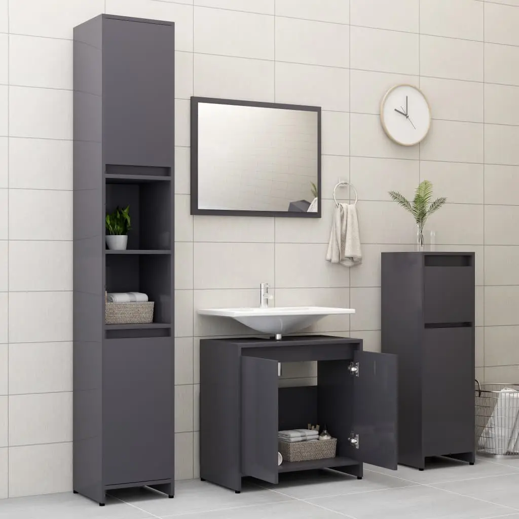 vidaXL 3 Piece Bathroom Furniture Set High Gloss Grey Chipboard