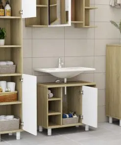 vidaXL 3 Piece Bathroom Furniture Set White and Sonoma Oak Chipboard